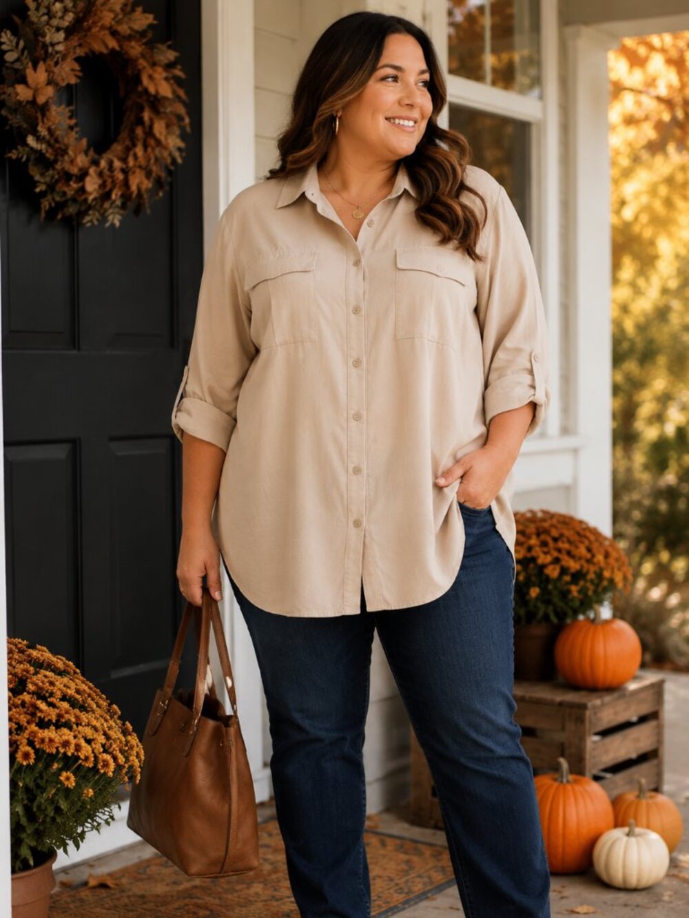 Old Navy Beige Utility Shirt Blouse with Roll Tab Sleeves